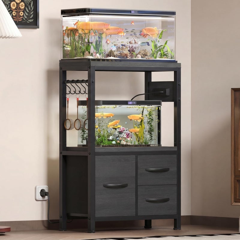 Heybly 10-20 Gallon Fish Tank Stand, Aquarium Stand with Drawer, Power Outlet, Heavy Duty Metal Frame, for Fish Tank, Turtle & Reptile Terrarium, 24.4" Ã— 12.6" Top, 200lbs, Rustic Brown HAS003SSR - Image 2