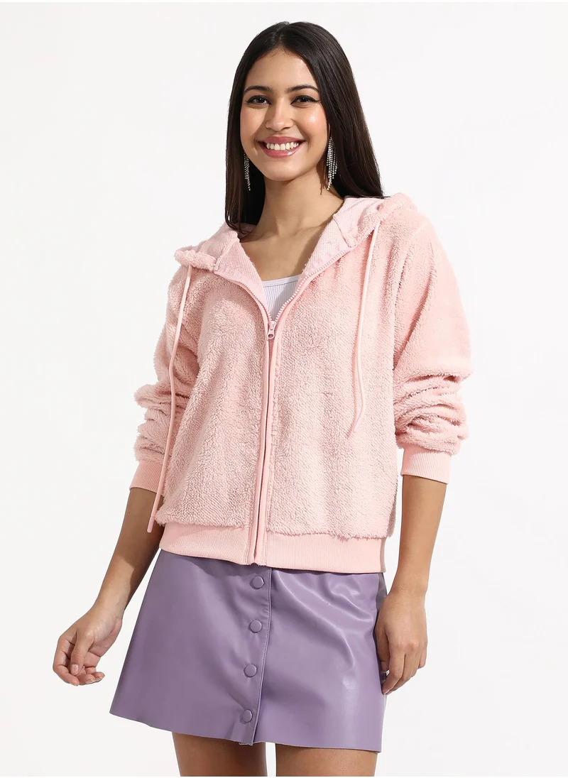 Campus Sutra Women's Baby Pink Furry Hoodie With Ribbed Hem
