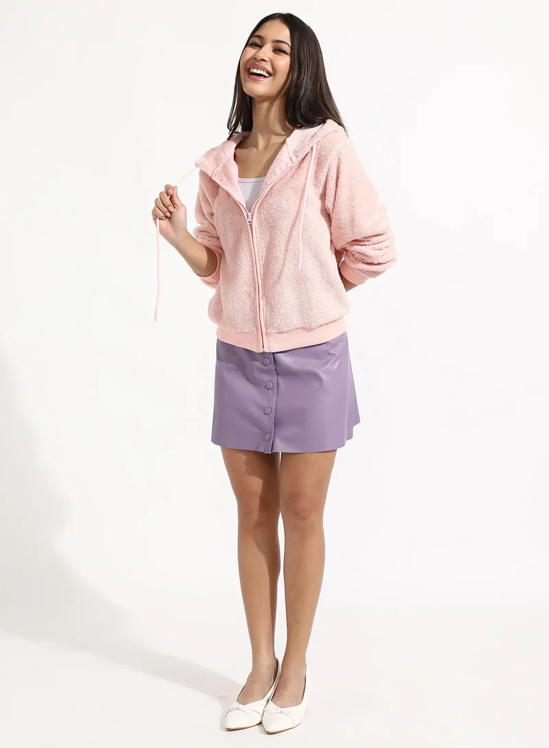 كامبوس سوترا Women's Baby Pink Furry Hoodie With Ribbed Hem