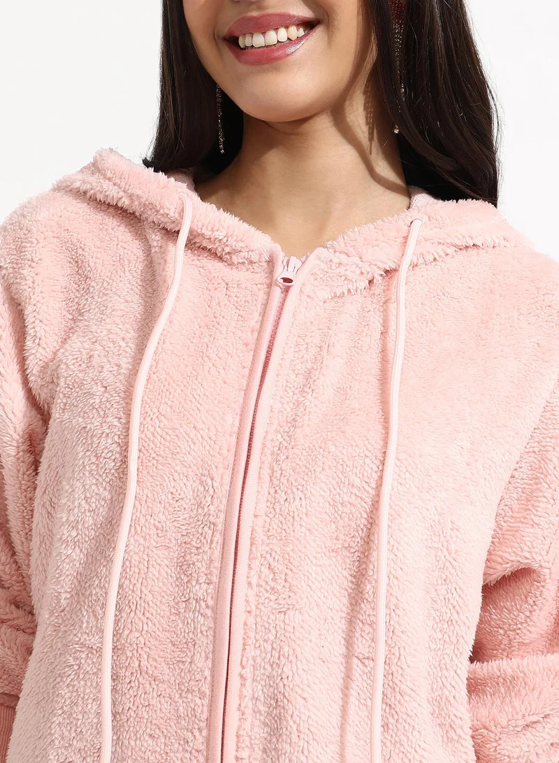 كامبوس سوترا Women's Baby Pink Furry Hoodie With Ribbed Hem