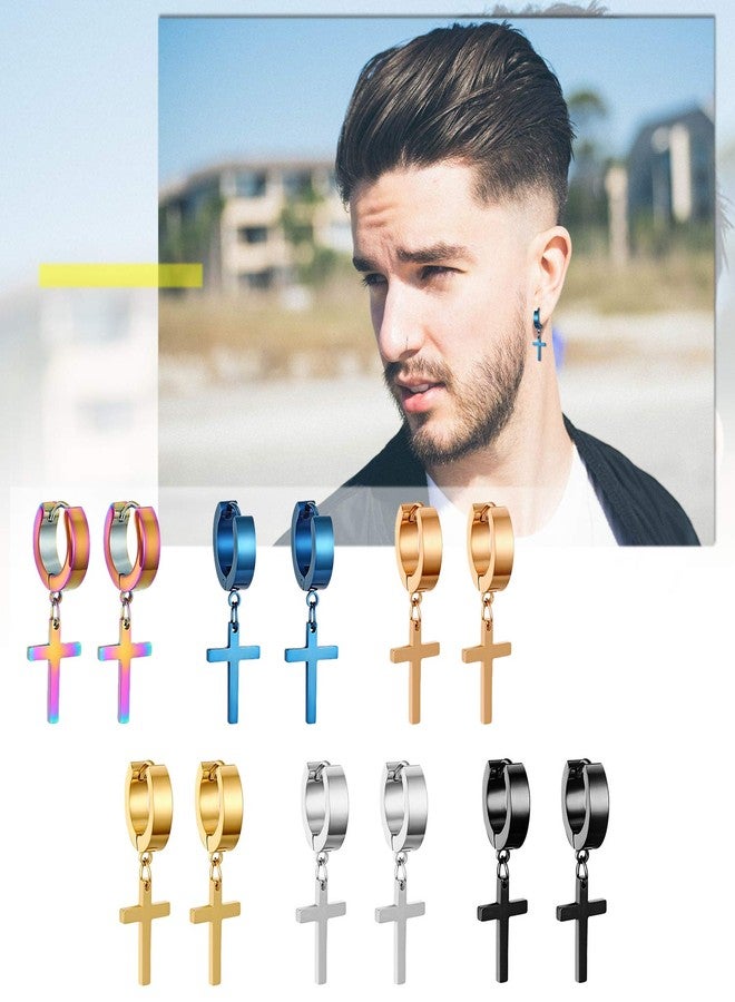 Cupimatch 6 Pairs Stainless Steel Cross Dangle Huggie Hinged Hoop Earrings for Men Women - Image 4