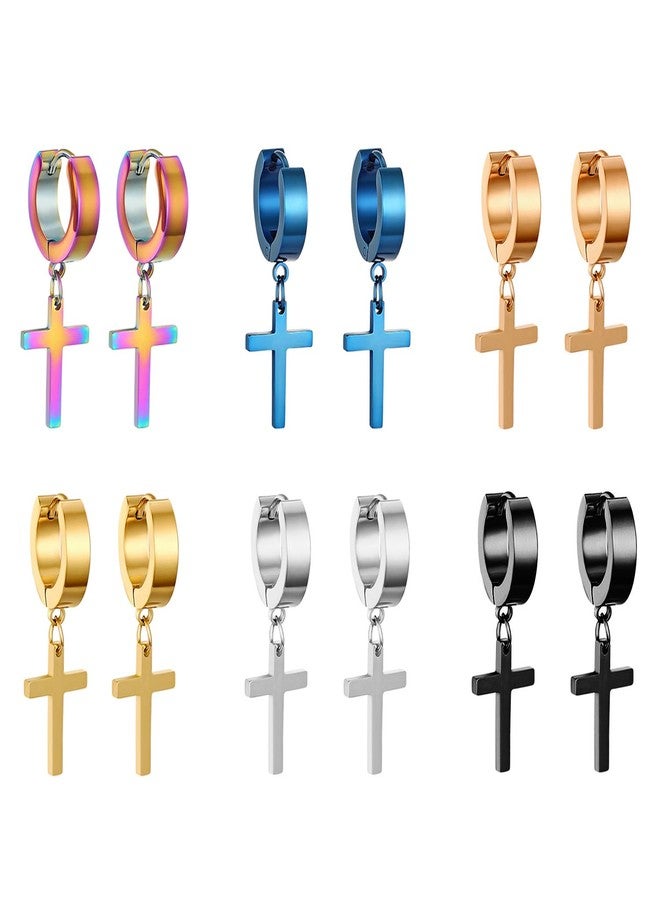 Cupimatch 6 Pairs Stainless Steel Cross Dangle Huggie Hinged Hoop Earrings for Men Women - Image 1