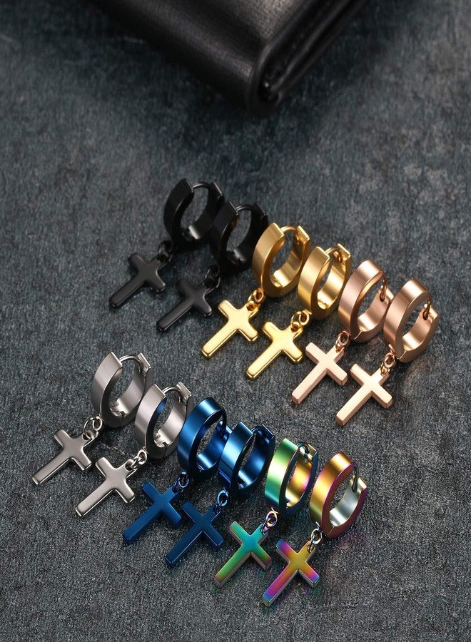 Cupimatch 6 Pairs Stainless Steel Cross Dangle Huggie Hinged Hoop Earrings for Men Women - Image 5