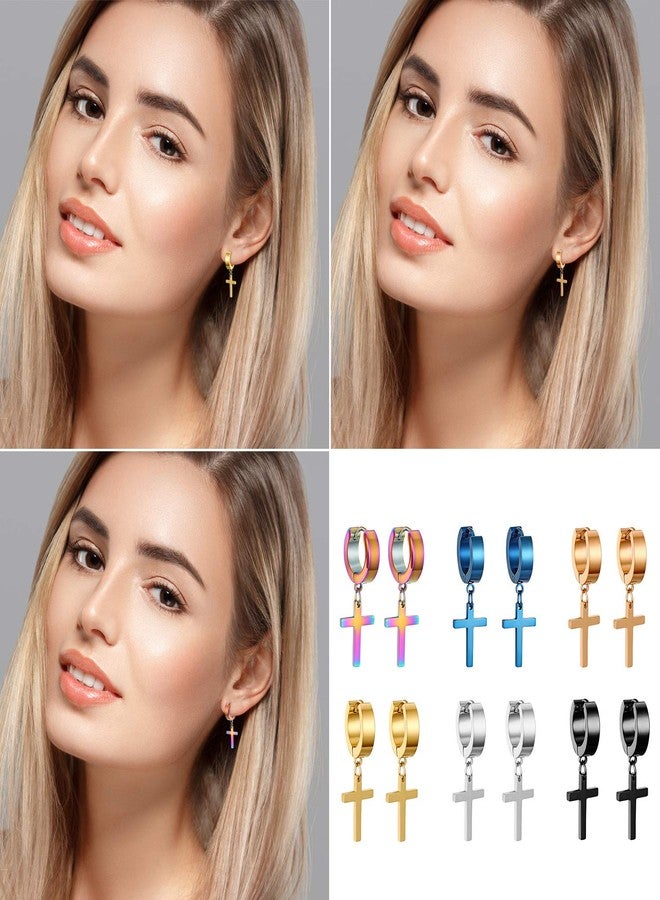 Cupimatch 6 Pairs Stainless Steel Cross Dangle Huggie Hinged Hoop Earrings for Men Women - Image 2