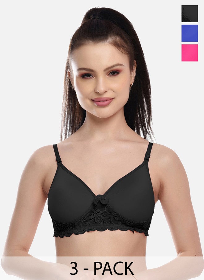 FIMS Pack Of 3 Lightly Padded Lace Bras in Black, Blue, and Pink - Image 1