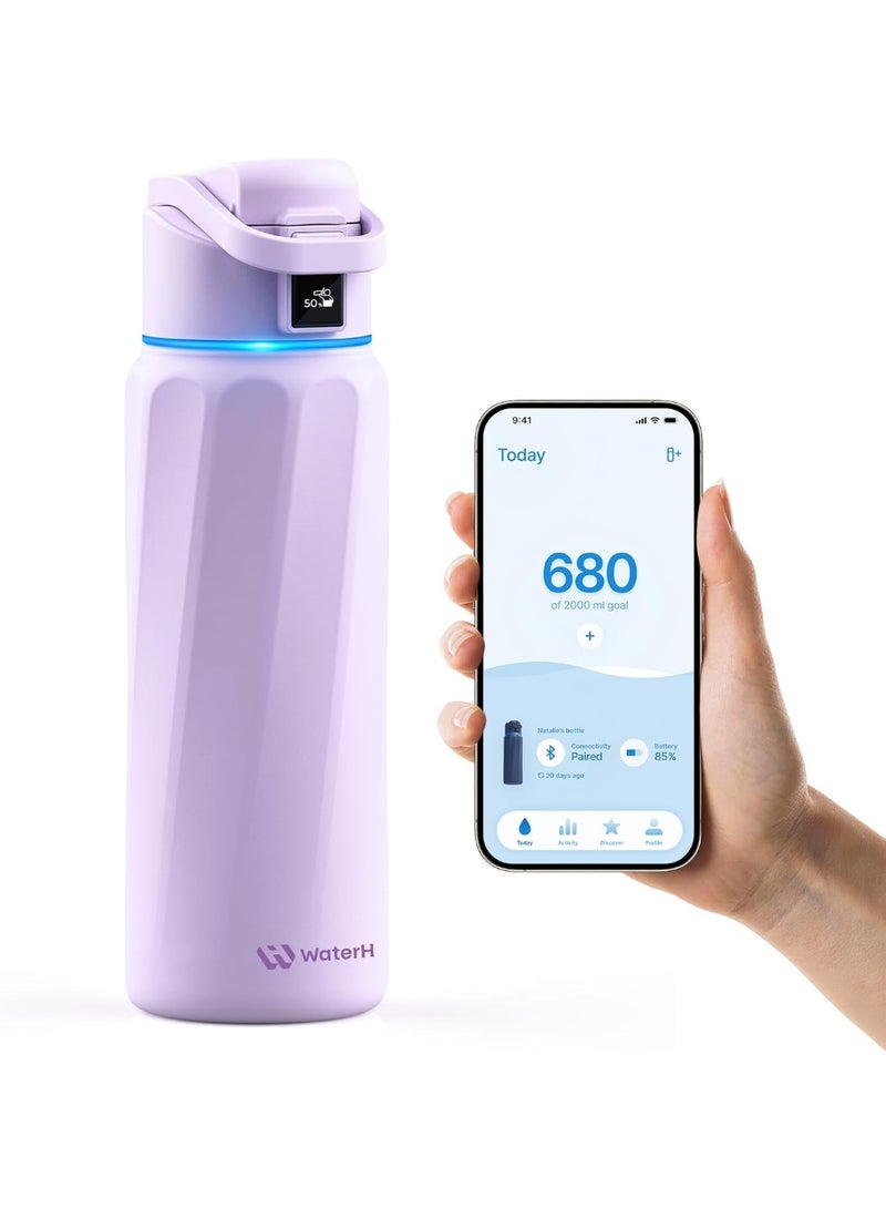 ووتر اتش زجاجة WATERH BOOST الذكية مع تذكير للشرب وتتبع الاستهلاك – زجاجة مزدوجة الجدار معزولة بالفراغ من الفولاذ المقاوم للصدأ، فوهة واسعة سعة 32 أونصة، مثالية كهدية (باللون البنفسجي). - Image 1