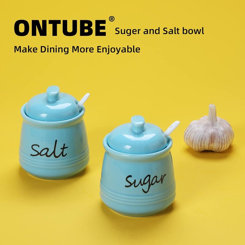 ONTUBE 12oz Sugar and Salt Bowls with Lid and Spoon, Ceramics Condiment Pots,Seasoning Jar Spice Container for Kitchen,Dishwasher Safe (Turquoise) - Image 3