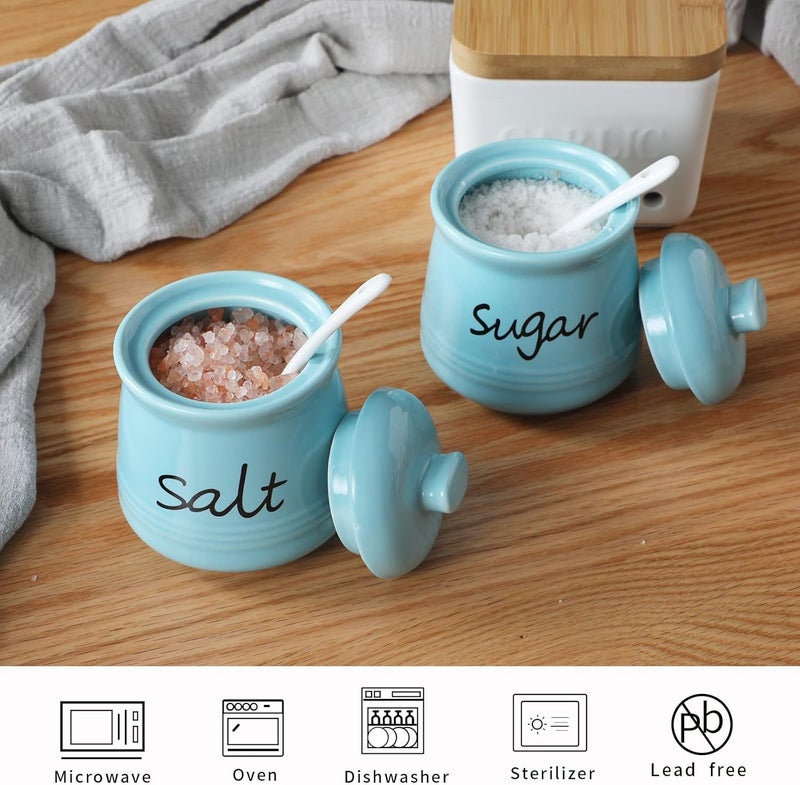 ONTUBE 12oz Sugar and Salt Bowls with Lid and Spoon, Ceramics Condiment Pots,Seasoning Jar Spice Container for Kitchen,Dishwasher Safe (Turquoise) - Image 5
