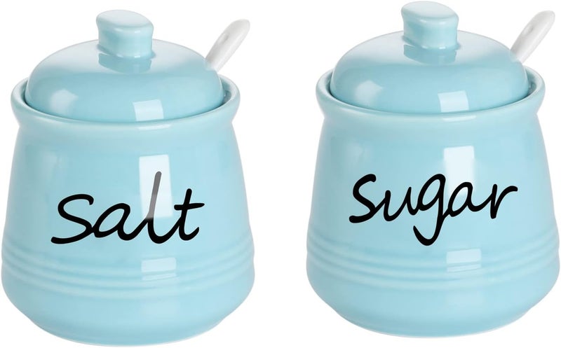 ONTUBE 12oz Sugar and Salt Bowls with Lid and Spoon, Ceramics Condiment Pots,Seasoning Jar Spice Container for Kitchen,Dishwasher Safe (Turquoise) - Image 1