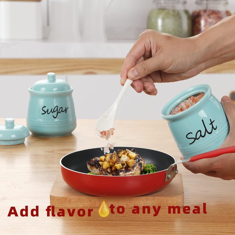 ONTUBE 12oz Sugar and Salt Bowls with Lid and Spoon, Ceramics Condiment Pots,Seasoning Jar Spice Container for Kitchen,Dishwasher Safe (Turquoise) - Image 4