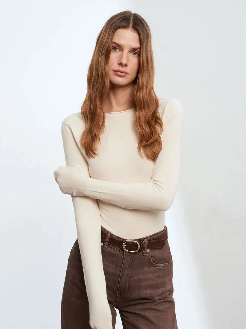 ديلفين DILVIN Women's Ribbed Boat Neck Slim-fit Sweater