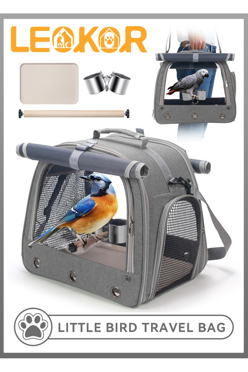 LEOKOR Bird Backpack with Perch, Food Bowl, Tray and Breathable Clear Window, Portable Breathable Bird Carrier, Bird Travel Bag for Small Birds Parrots Cockatiels, Bird Carrier Parrot Travel Cage for Vetting Camping Hiking (Grey) - Image 1