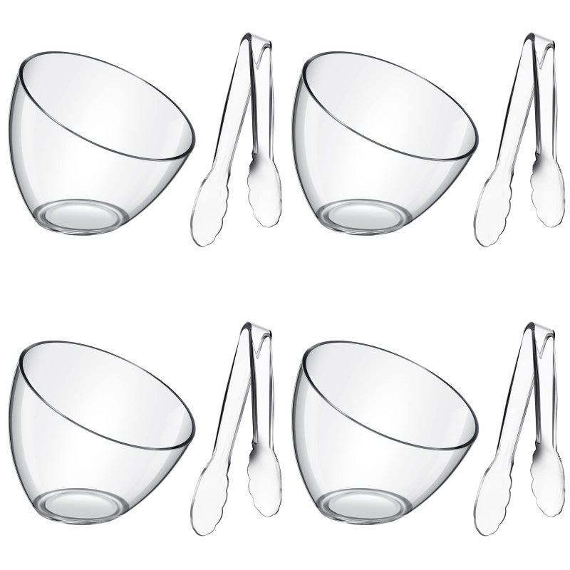 Amyhill 8 Pcs Acrylic Bowls Angled Plastic with Tongs Clear Salad Serving Thick for Parties Snack Candy Buffet Containers for Pasta Chips Fruit Prep