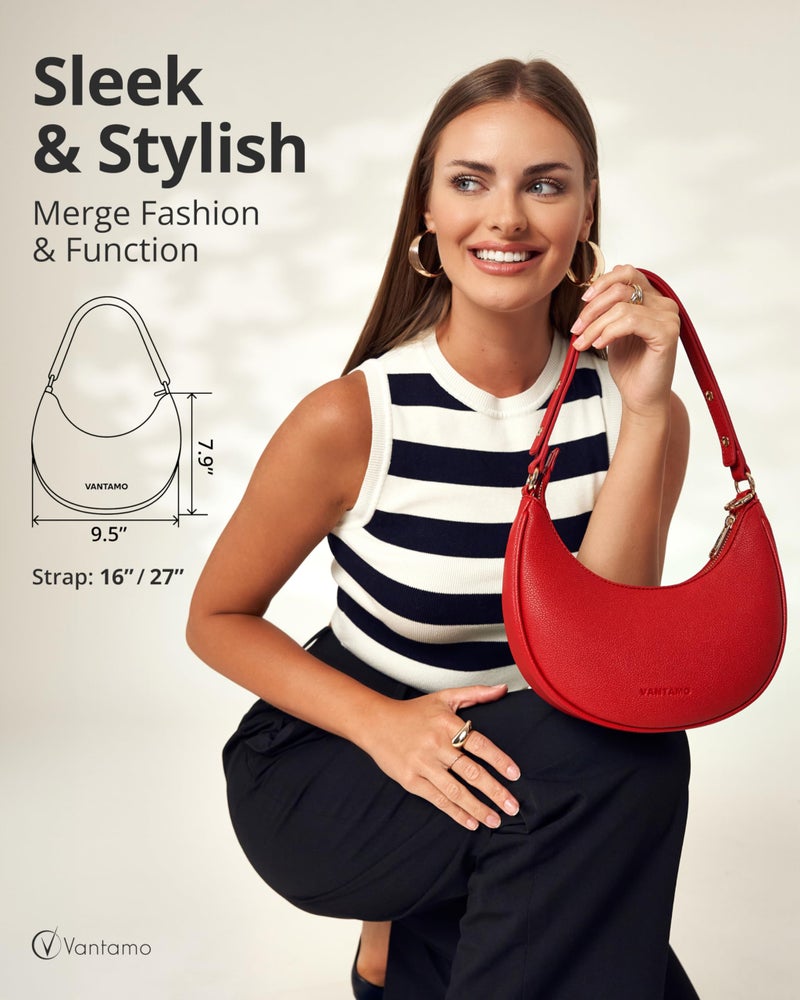 Vantamo Crescent Bags For Women with RFID Protection, Half Moon Clutch Purses for Women with Anti-Theft Clip for Extra Safety, Premium Smooth PU Leather Handbags for Work & Going Out, Red Purse - Image 2