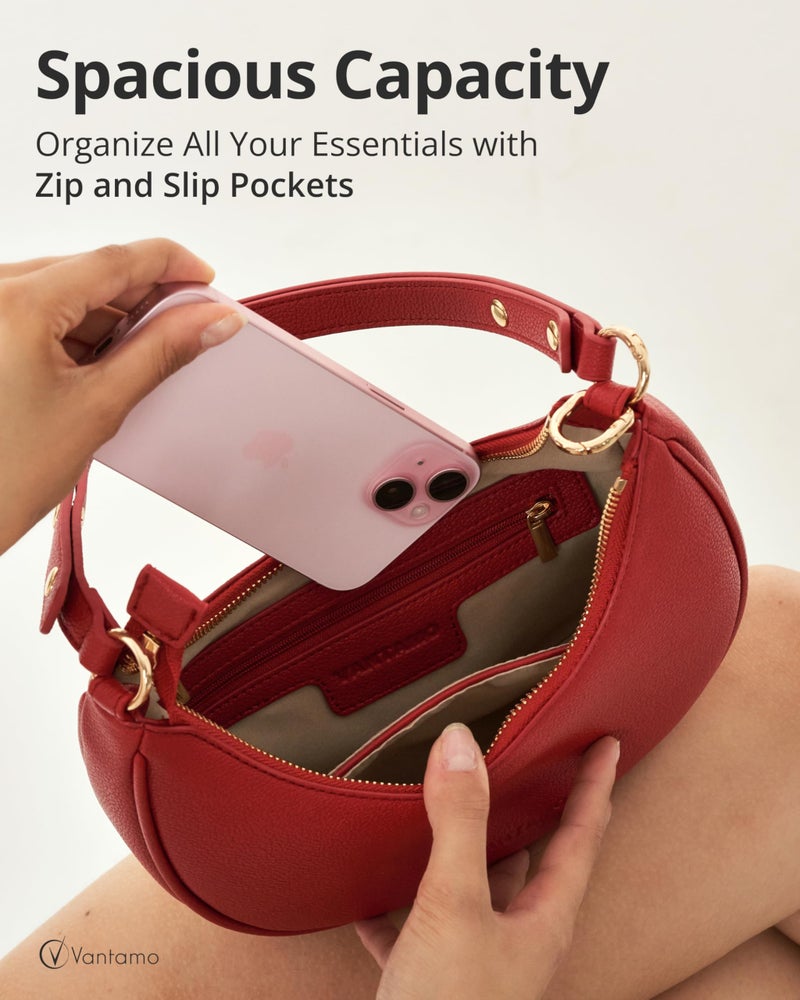 Vantamo Crescent Bags For Women with RFID Protection, Half Moon Clutch Purses for Women with Anti-Theft Clip for Extra Safety, Premium Smooth PU Leather Handbags for Work & Going Out, Red Purse - Image 4