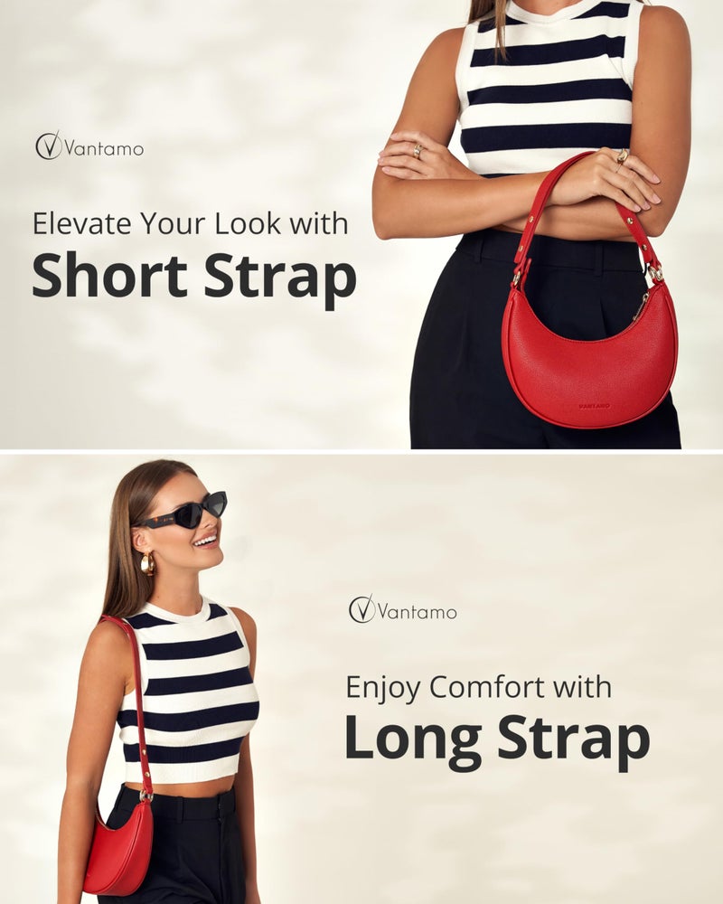 Vantamo Crescent Bags For Women with RFID Protection, Half Moon Clutch Purses for Women with Anti-Theft Clip for Extra Safety, Premium Smooth PU Leather Handbags for Work & Going Out, Red Purse - Image 3