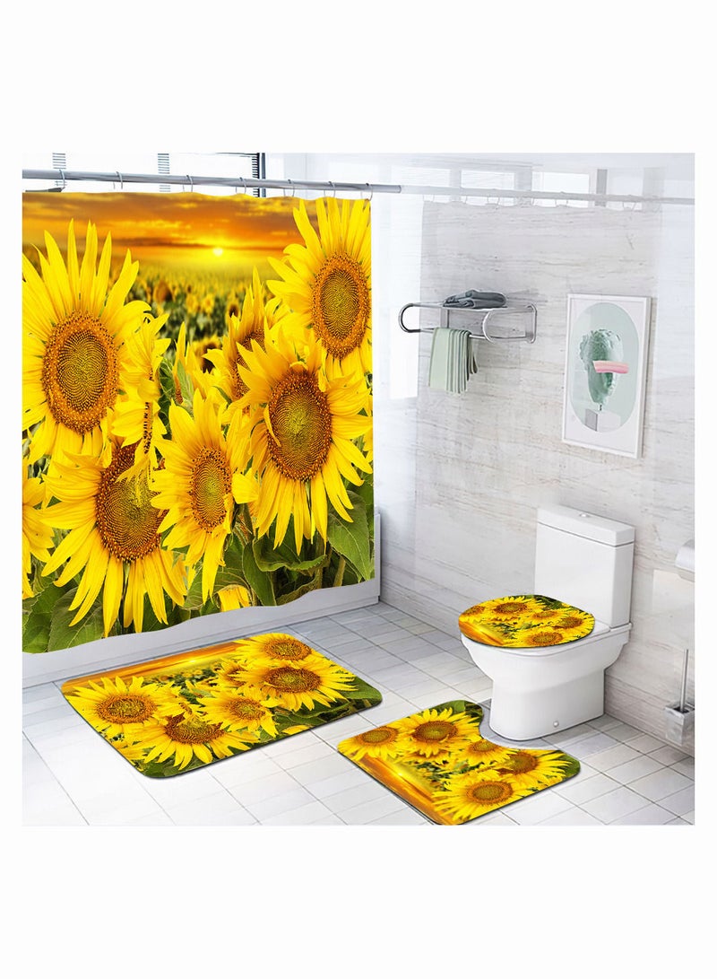 4-Pieces/Set Bathroom Household Supplies,Sunflower Pattern Bathroom Suit,Shower Curtain/Pedestal Rug/Toilet Lid Cover/Bath Mat Decor Set - Image 1