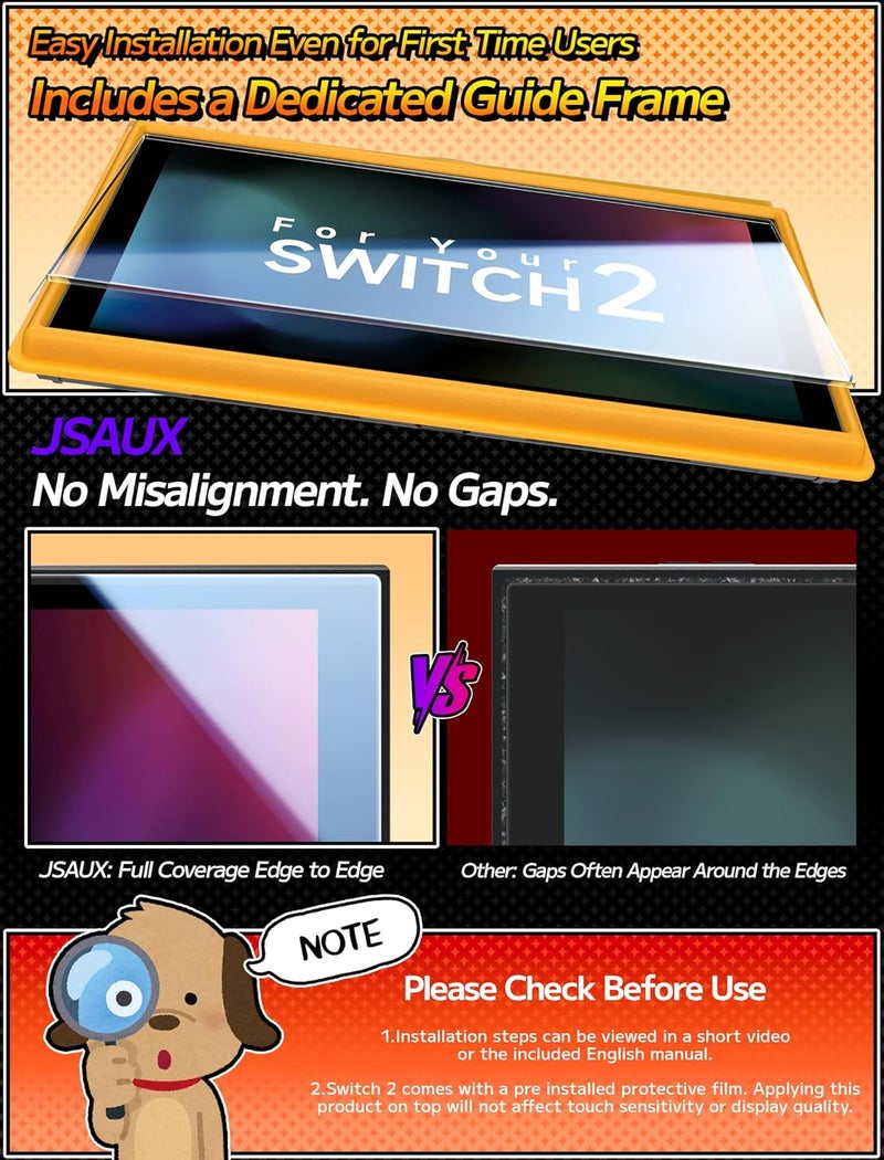 JSAUX 3-Pack Screen Protector for Nintendo Switch 2, Ultra HD Glass Protector 9H Hardness Easy to Install with Guiding Frame Scratch Resistant Tempered Glass - Image 3