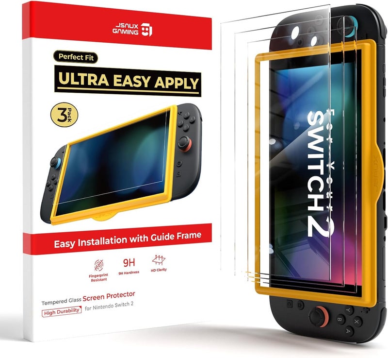 JSAUX 3-Pack Screen Protector for Nintendo Switch 2, Ultra HD Glass Protector 9H Hardness Easy to Install with Guiding Frame Scratch Resistant Tempered Glass - Image 1