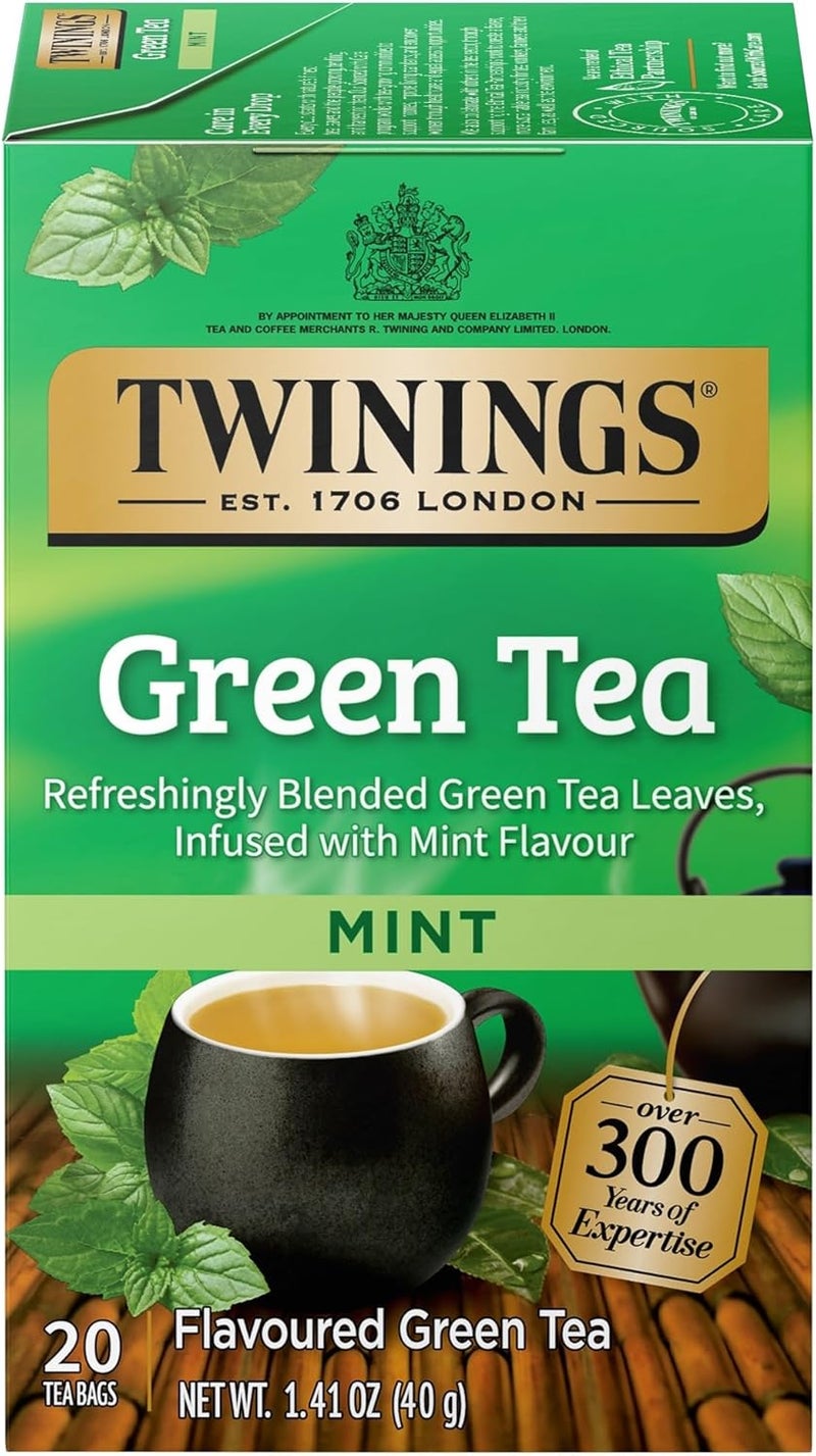 Twinings Mint Green Tea - Refreshingly Blended Green Tea Leaves with Mint Flavor - 20 Tea Bags - Image 1