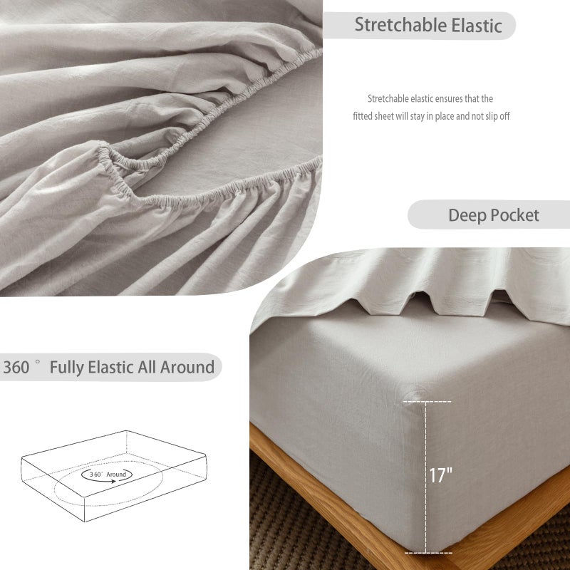 MooMee Fitted Bottom Sheet Only 100% Washed Cotton Linen Like Textured Breathable Durable Soft Comfy Deep Pocket Fits Mattress up to 17"" (Natural Linen  King) - Image 5