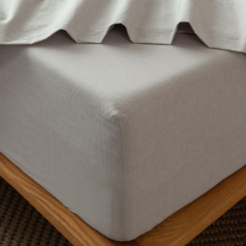 MooMee Fitted Bottom Sheet Only 100% Washed Cotton Linen Like Textured Breathable Durable Soft Comfy Deep Pocket Fits Mattress up to 17"" (Natural Linen  King) - Image 1