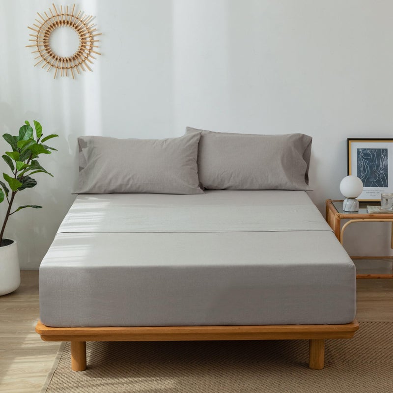 MooMee Fitted Bottom Sheet Only 100% Washed Cotton Linen Like Textured Breathable Durable Soft Comfy Deep Pocket Fits Mattress up to 17"" (Natural Linen  King) - Image 4