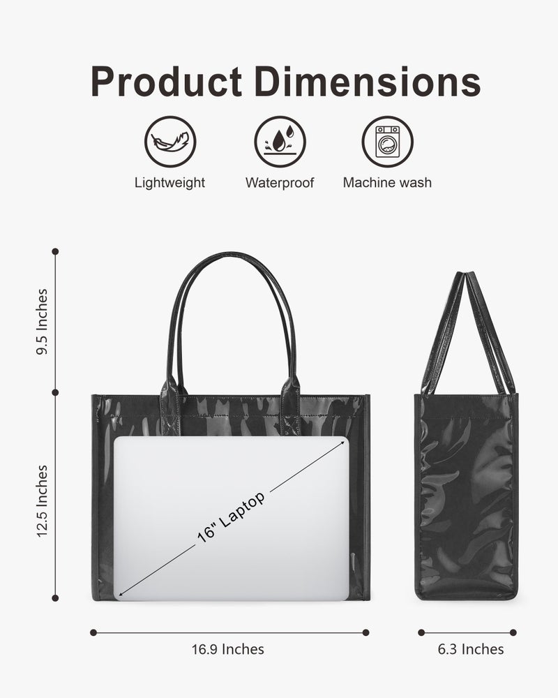 NPBAG Large PVC Tote Bag for Women, Kraft Paper Handbag Beach Tote with Letter Print, Top Handle Purse for Work Travel Shopping (Black) - Image 4