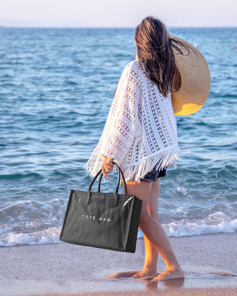 NPBAG Large PVC Tote Bag for Women, Kraft Paper Handbag Beach Tote with Letter Print, Top Handle Purse for Work Travel Shopping (Black) - Image 3