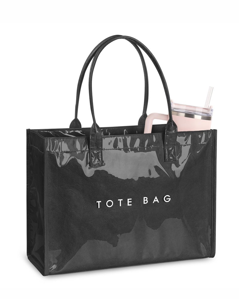 NPBAG Large PVC Tote Bag for Women, Kraft Paper Handbag Beach Tote with Letter Print, Top Handle Purse for Work Travel Shopping (Black) - Image 1