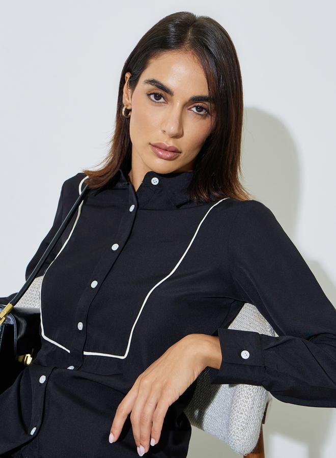 Styli Black Long Sleeve Shirt with Piping Detail - Image 3