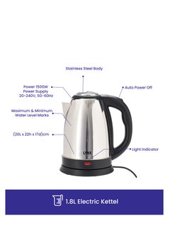 lynx Lynx Stainless Steel Electric Kettle, 1.8 Liter Capacity, 1500W Power, Robust Stainless Steel Housing for Long Service Life, Automatic Shut-off , Removable Micro-Sieve Filter to Capture Lime Particles , KT-101  - Image 5