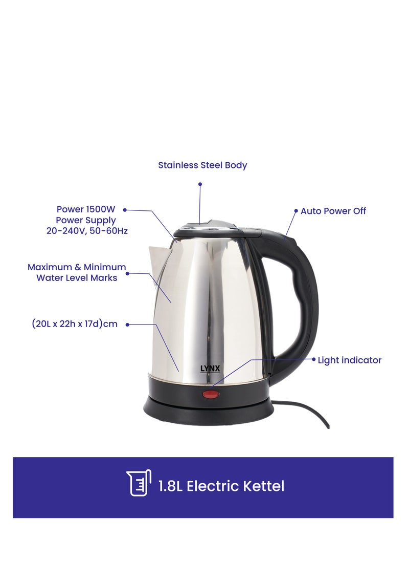 lynx Lynx Stainless Steel Electric Kettle, 1.8 Liter Capacity, 1500W Power, Robust Stainless Steel Housing for Long Service Life, Automatic Shut-off , Removable Micro-Sieve Filter to Capture Lime Particles , KT-101  - Image 5