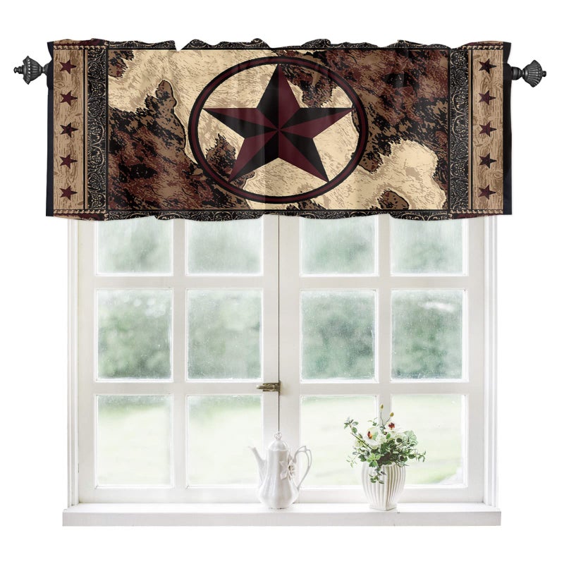 LooPoP Vintage Style Valance Western Texas Star on Wood Panel Rustic Window Curtain Valances for Kitchen Half Cafe Short Topper Treatment Rod Pocket Panel Window Shades 18x54 Inch