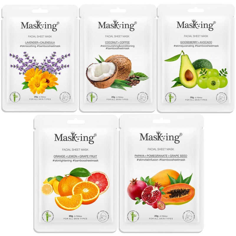 MasKing Bamboo Facial Sheet Mask of Lavender Coffee Gooseberry Orange Papaya Ideal for Women Men 100ml Combo Pack of 5 - Image 1