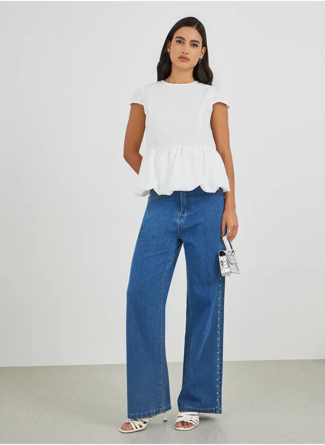 ستايلي Styli Balloon Hem Short Sleeve Blouse