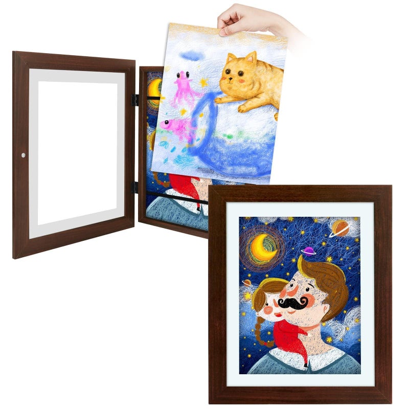 Frametory Frametory 2 Pack Magnetic Kids Art Frames 10x125 Inch Artwork Display Storage Frame for Drawings  Photos Brown Front Opening Frame Changeable for Wall Holds Up to 50 Crafts 3D Paintings 