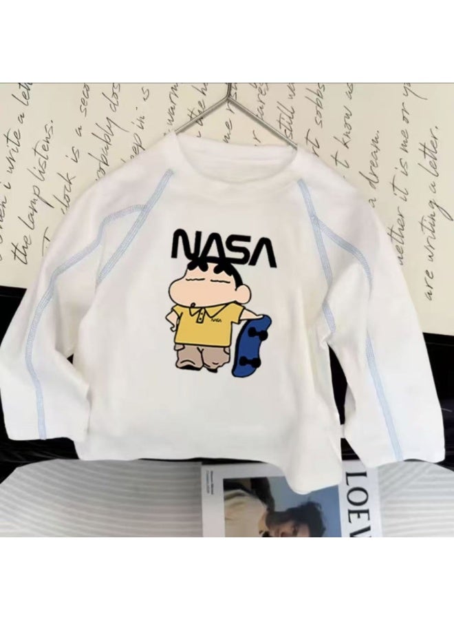 Children's Pure Cotton Round Neck Long-sleeved Boy's Spring & Fall Baby White New Simple Medium And Large Boy's Loose Bottoming Shirt