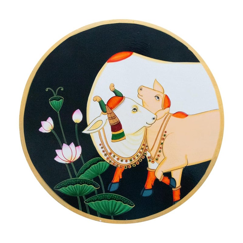 Talking Walls Talking Walls Pichwai Traditional Original Hand Painting Cow by Rajsthani Traditional Artist Wall Hanging Round Shape MDF Plate 12 Inch Black Ideal for Home Decor Gifting  - Image 1