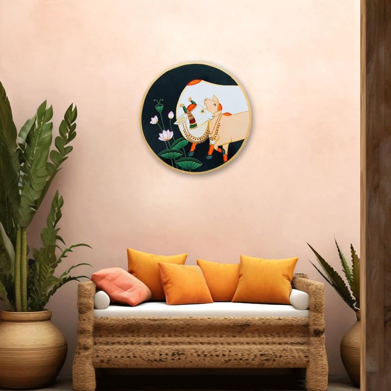 Talking Walls Talking Walls Pichwai Traditional Original Hand Painting Cow by Rajsthani Traditional Artist Wall Hanging Round Shape MDF Plate 12 Inch Black Ideal for Home Decor Gifting  - Image 2