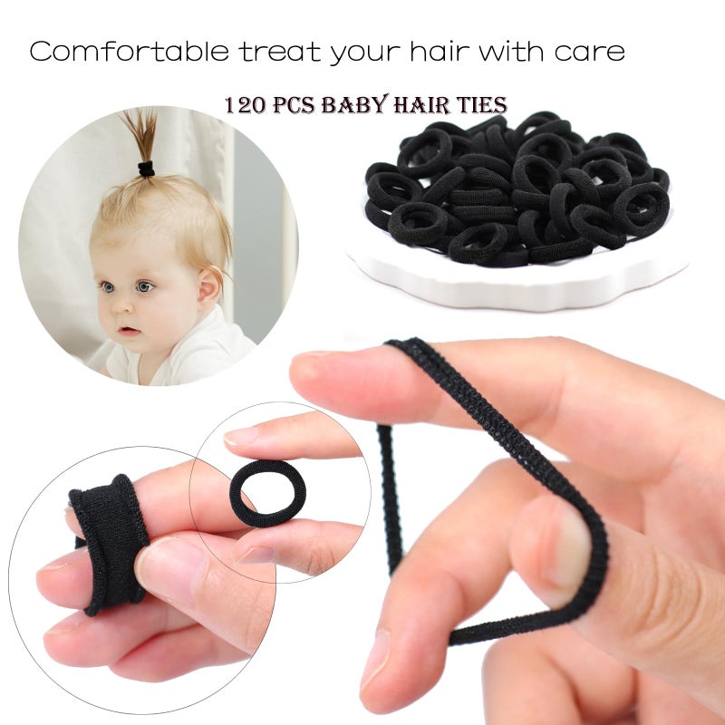 WillingTee 120 Pcs Baby Hair Ties, Cotton Toddler Hair Ties for Girls and Kids, Multicolor Small Seamless Hair Bands Elastic Ponytail Holders,Black - Image 3