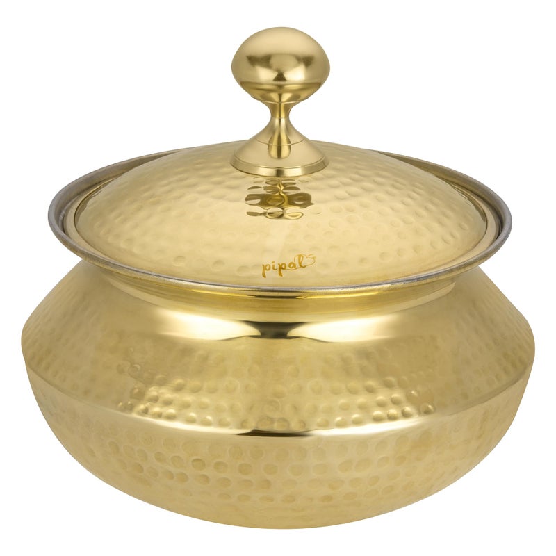 Pipal Pipal Brass Handi - 3500 ml | Teflon Free Naturally Non Stick Brass Handi for Cooking & Serving | Pure Brass Handi with Tin Coating | Brass Utensils for Kitchen | with Lid & Golden Tin Coated Handi  - Image 1