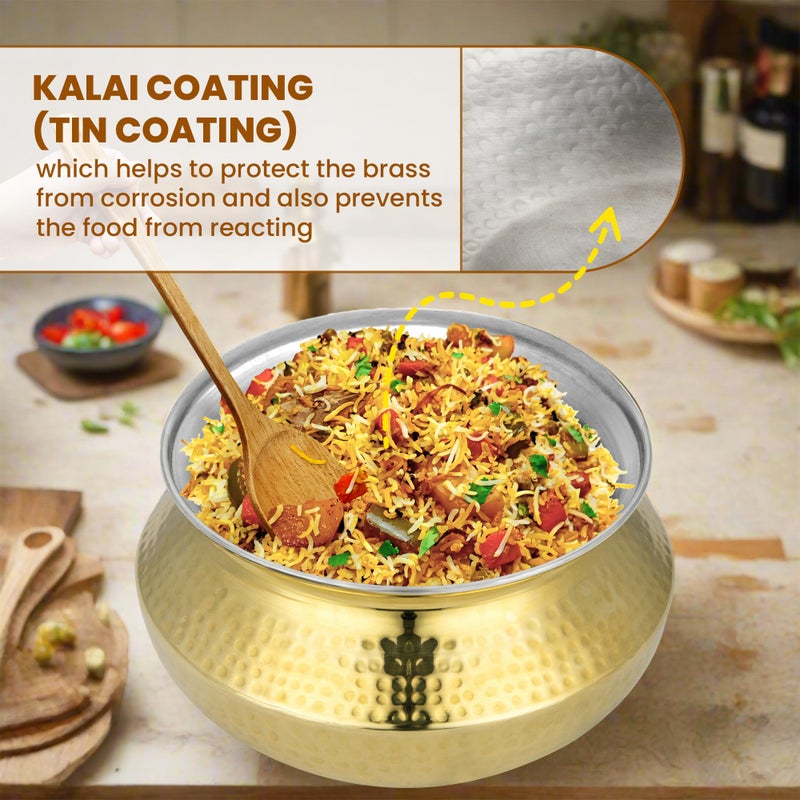 Pipal Pipal Brass Handi - 3500 ml | Teflon Free Naturally Non Stick Brass Handi for Cooking & Serving | Pure Brass Handi with Tin Coating | Brass Utensils for Kitchen | with Lid & Golden Tin Coated Handi  - Image 2