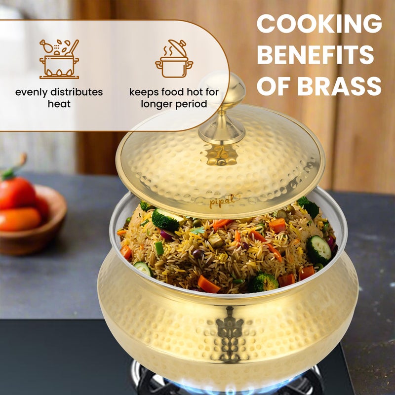 Pipal Pipal Brass Handi - 3500 ml | Teflon Free Naturally Non Stick Brass Handi for Cooking & Serving | Pure Brass Handi with Tin Coating | Brass Utensils for Kitchen | with Lid & Golden Tin Coated Handi  - Image 5