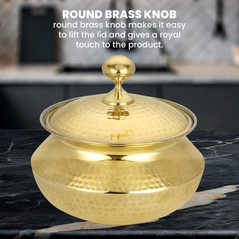 Pipal Pipal Brass Handi - 3500 ml | Teflon Free Naturally Non Stick Brass Handi for Cooking & Serving | Pure Brass Handi with Tin Coating | Brass Utensils for Kitchen | with Lid & Golden Tin Coated Handi  - Image 3