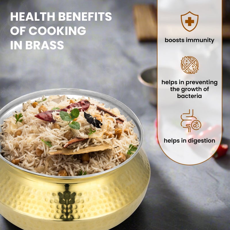 Pipal Pipal Brass Handi - 3500 ml | Teflon Free Naturally Non Stick Brass Handi for Cooking & Serving | Pure Brass Handi with Tin Coating | Brass Utensils for Kitchen | with Lid & Golden Tin Coated Handi  - Image 4