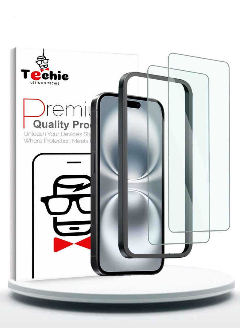 Techie حماية شاشة آيفون 16 - عبوة 2، زجاج غوريلا مقسى 9H، إطار محاذاة سهل التركيب، شفاف للغاية، خالي من الفقاعات، متوافق مع الجرابات - Image 1