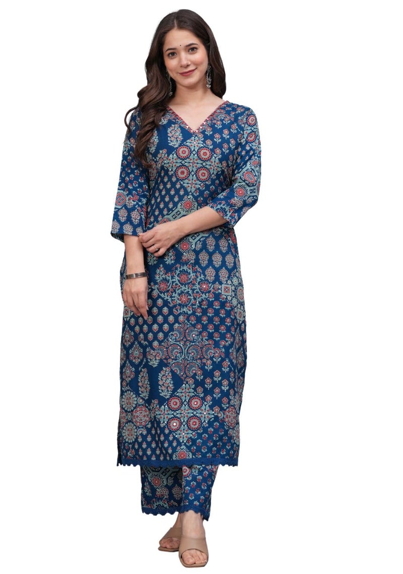 rytras Women's Pure Cotton Printed Straight Kurta Set with Palazzo Pants - Ethnic Wear, Blue(RYT618-New,L) - Image 1