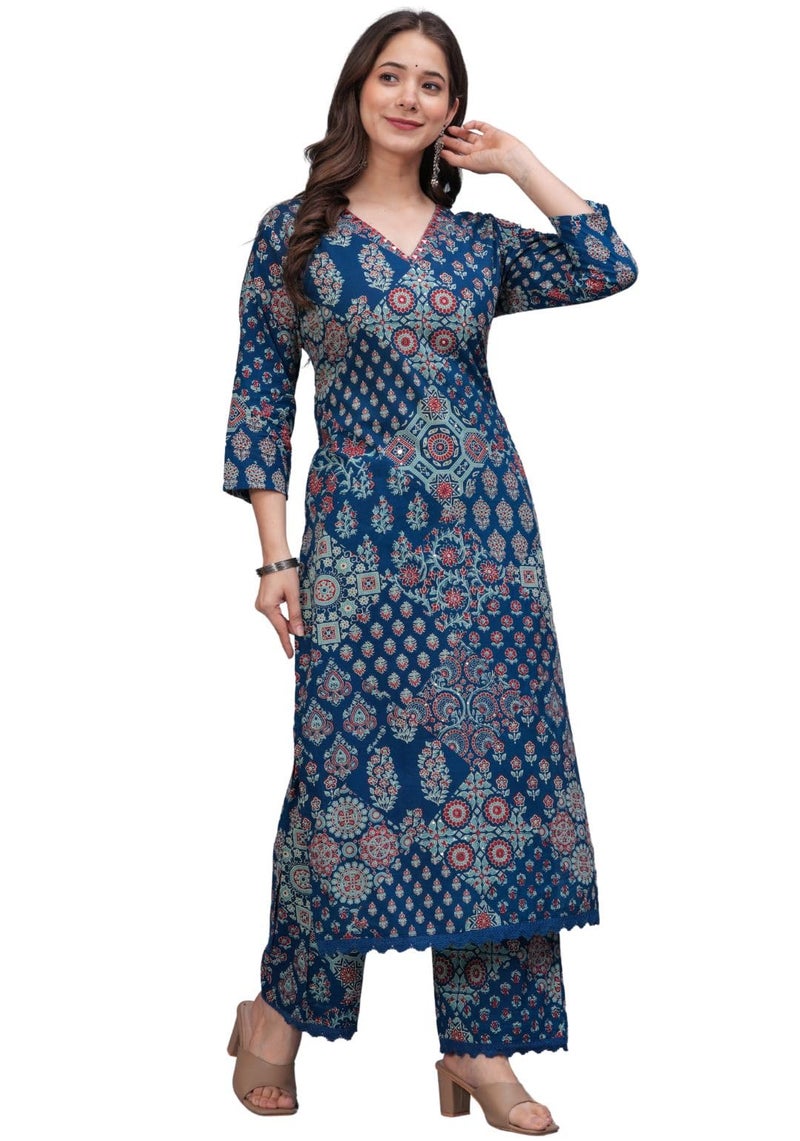 rytras Women's Pure Cotton Printed Straight Kurta Set with Palazzo Pants - Ethnic Wear, Blue(RYT618-New,L) - Image 3