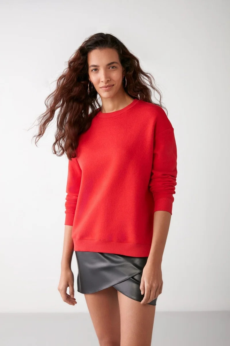 جريميلانج VANELTINA Women's Crew Neck Polar Fleece Oversize Fit Basic Red Sweatshirt